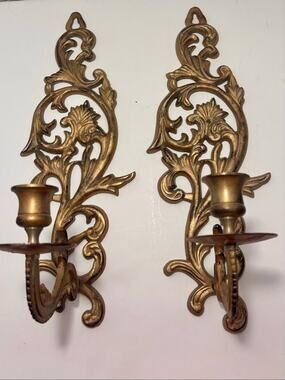 Vintage Ornate Gold Cast Iron Wall Sconces  - Pair of 15" Candle Holders